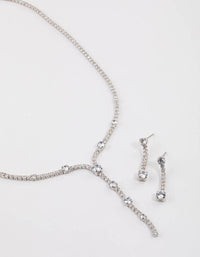 Rhodium Cubic Zirconia Mixed Diamante Y-Necklace & Earrings Set - link has visual effect only