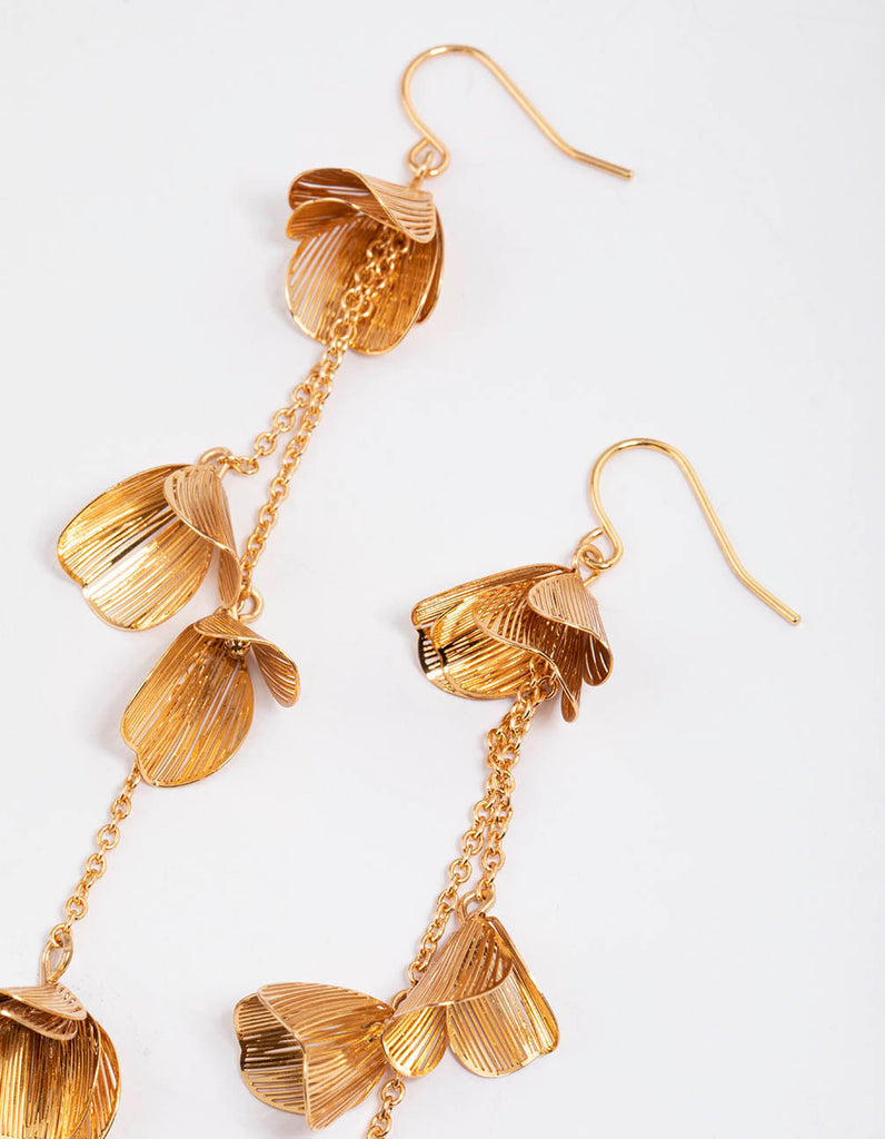 Gold Floral Leaf Hook Drop Earrings
