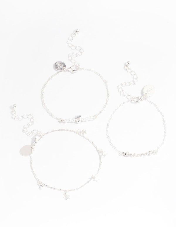 Silver Star & Heart Dainty Chain Bracelet Pack