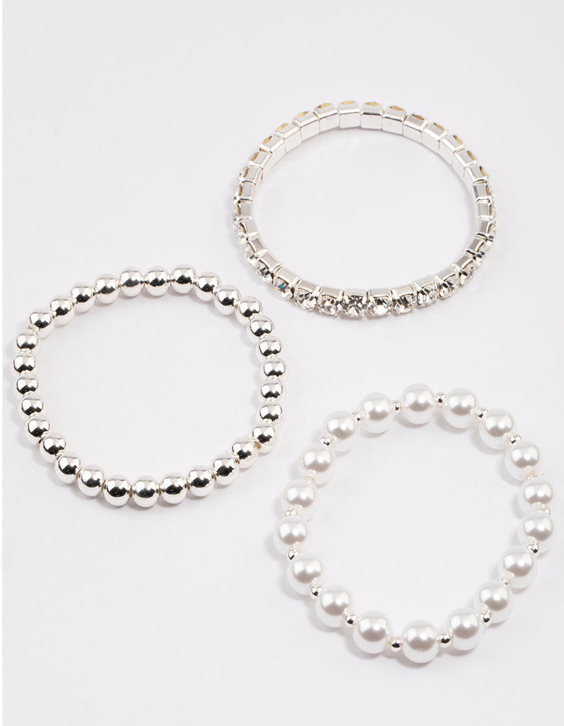 Silver Pearl & Diamante Strap Bracelet Pack