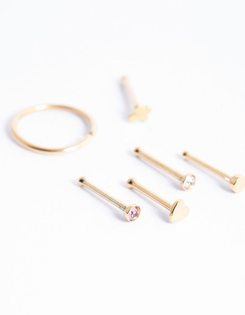 Gold Plated Surgical Steel Heart & Cross Nose Stud 6-Pack