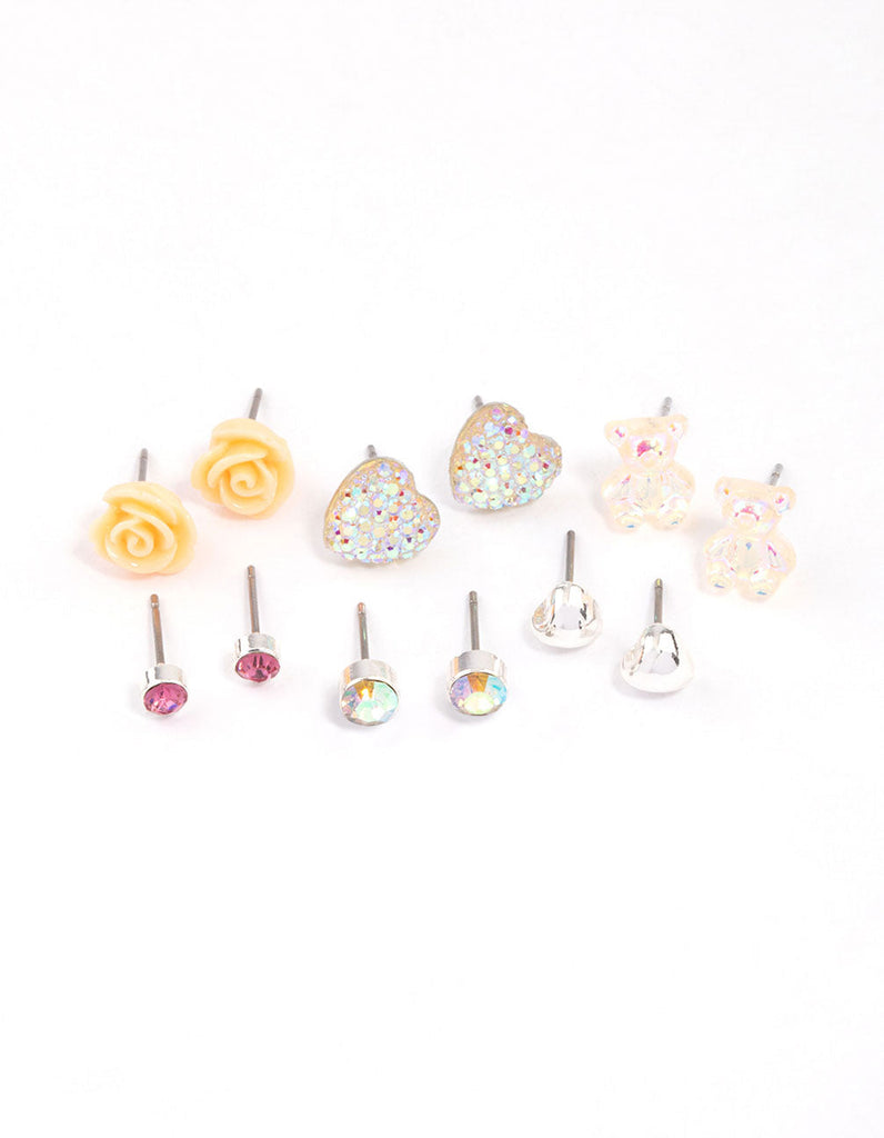 Kids Diamante Rose & Heart Stud Earrings 6-Pack