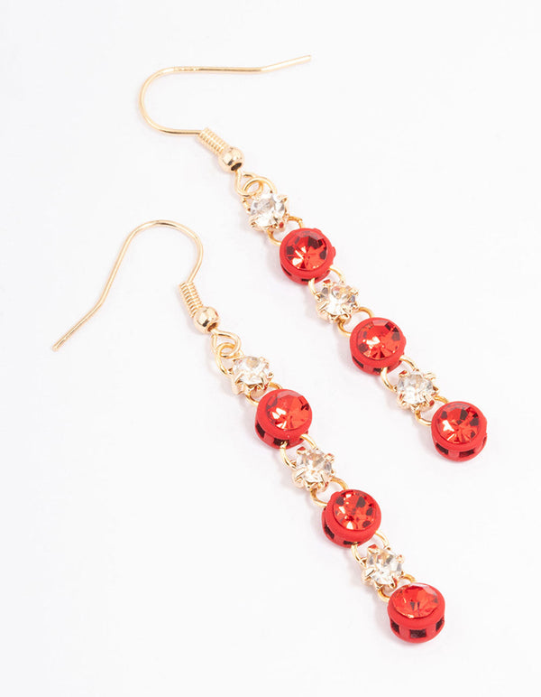 Red Diamante & Stone Chain Drop Earrings