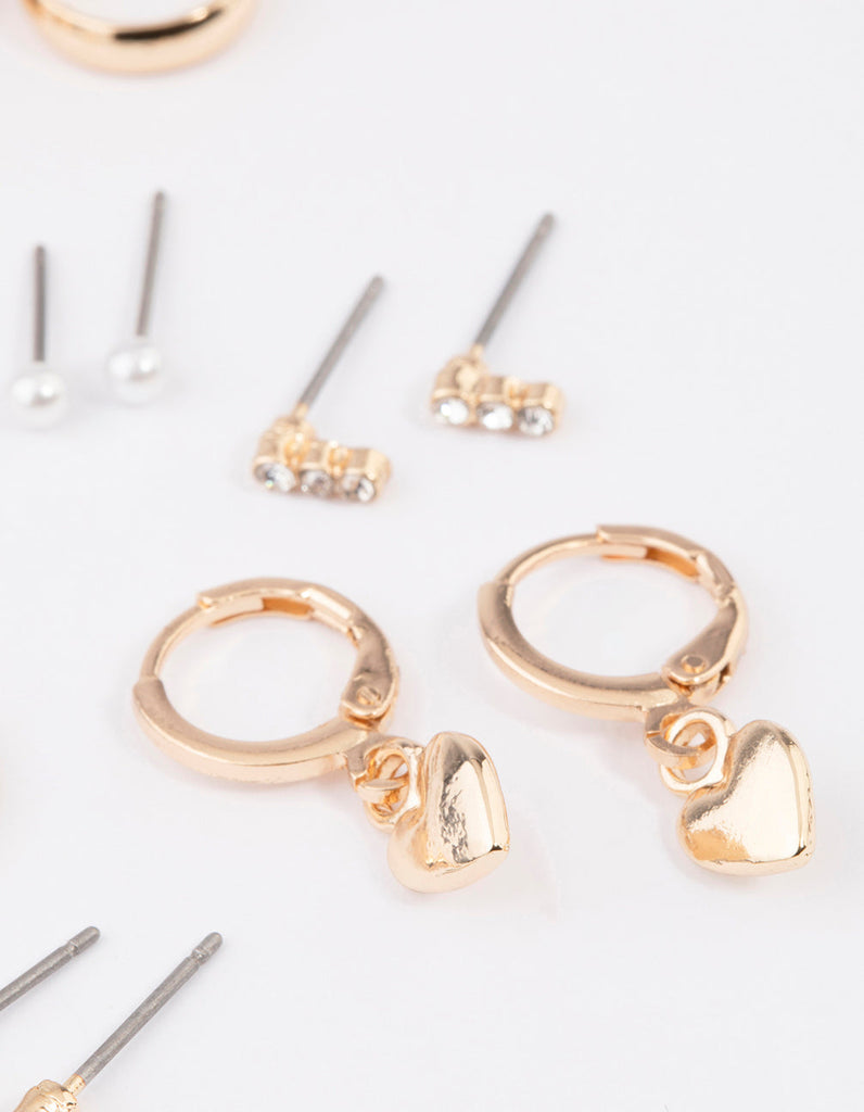 Gold Heart Diamante & Pearl Earrings 8-Pack