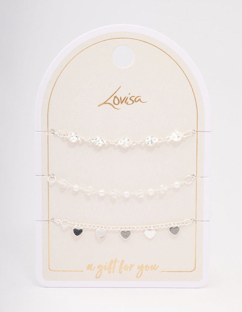 Silver Disc Pearl & Heart Bracelet Pack