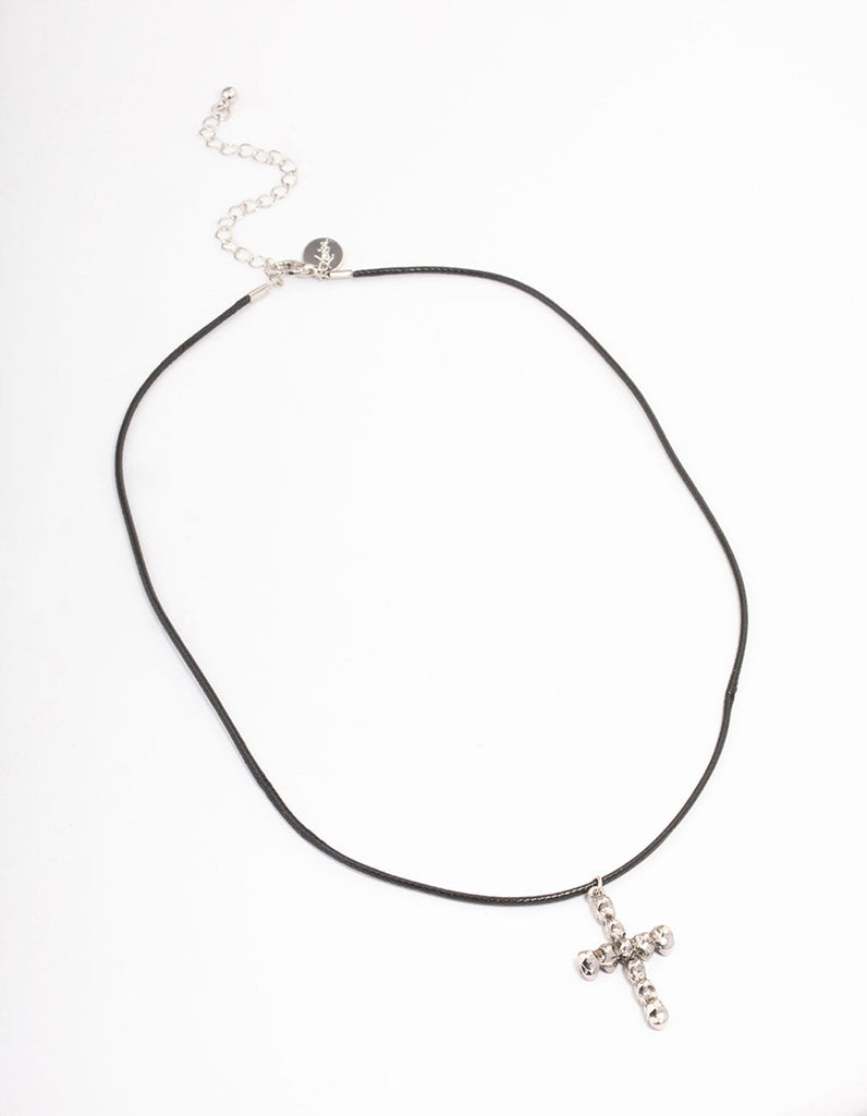 Rhodium Cord Skull Cross Necklace
