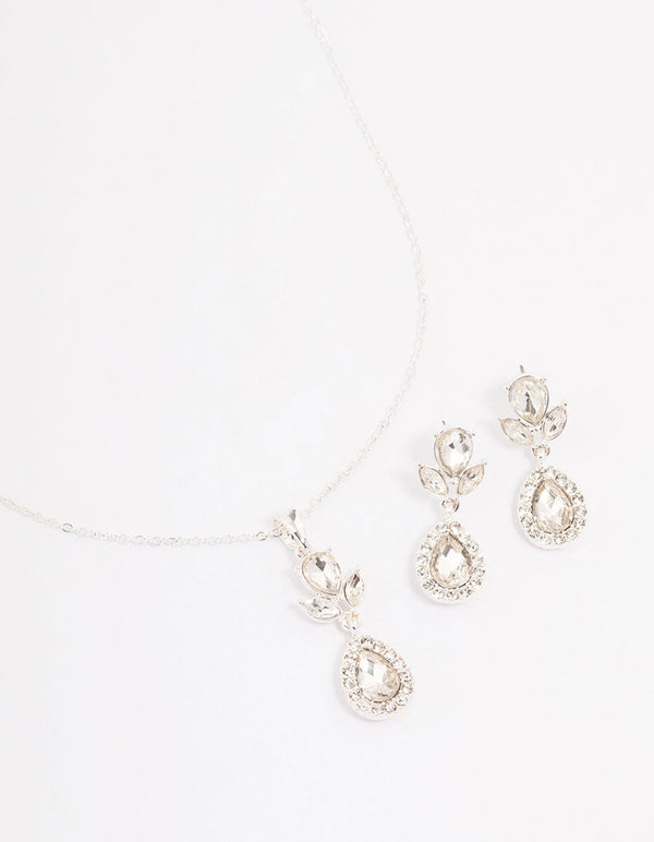 Silver Diamante Leaf Pearl Jewellery Set