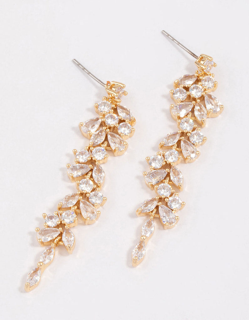 Gold Plated Cubic Zirconia Dainty Vine Drop Earrings