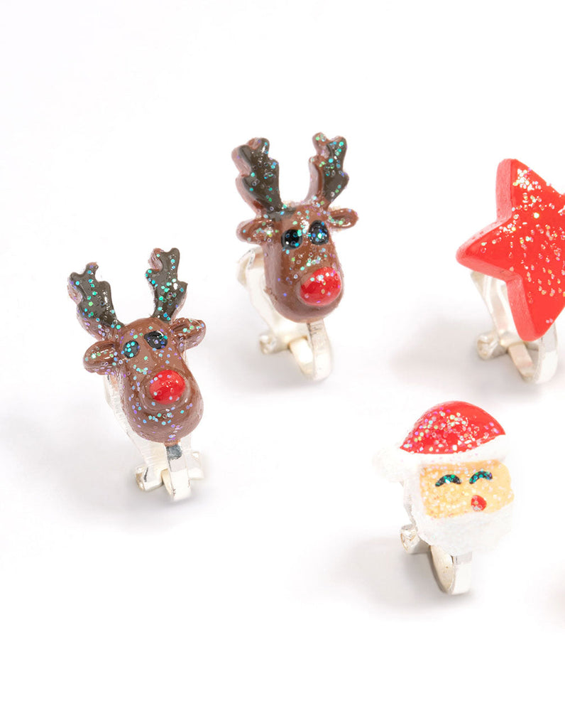 Kids Polymer Christmas Clip On Earrings 5-Pack