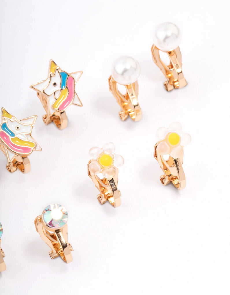 Kids Unicorn & Heart Clip On Earrings 5-Pack