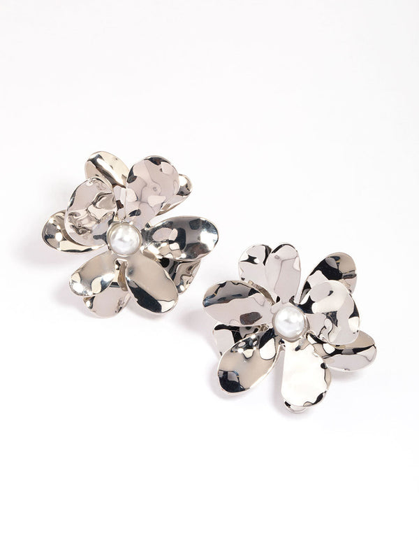 Rhodium Large Pearly Flower Stud Earrings