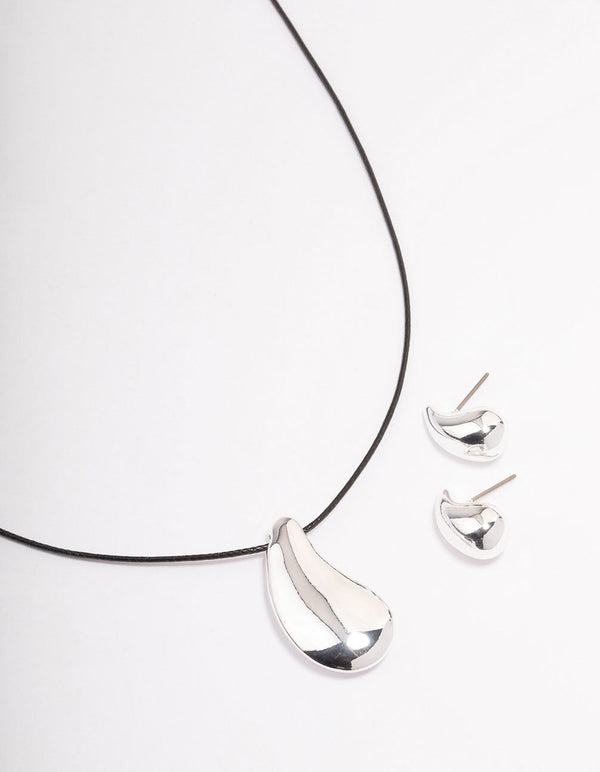 Rhodium Bold Teardrop Necklace & Earrings Jewellery Set