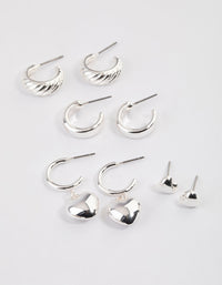 Silver Puffy Heart & Hoop Earrings 4-Pack - link has visual effect only