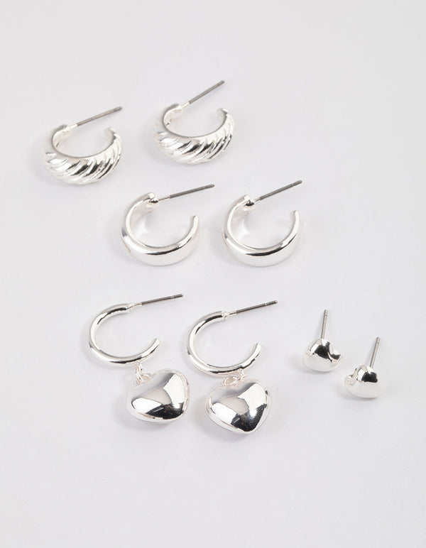 Silver Puffy Heart & Hoop Earrings 4-Pack