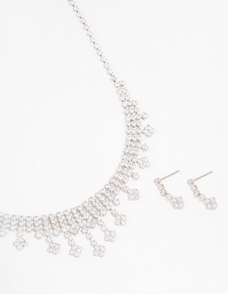 Rhodium Cubic Zirconia Statement Diamond Earrings & Necklace Set