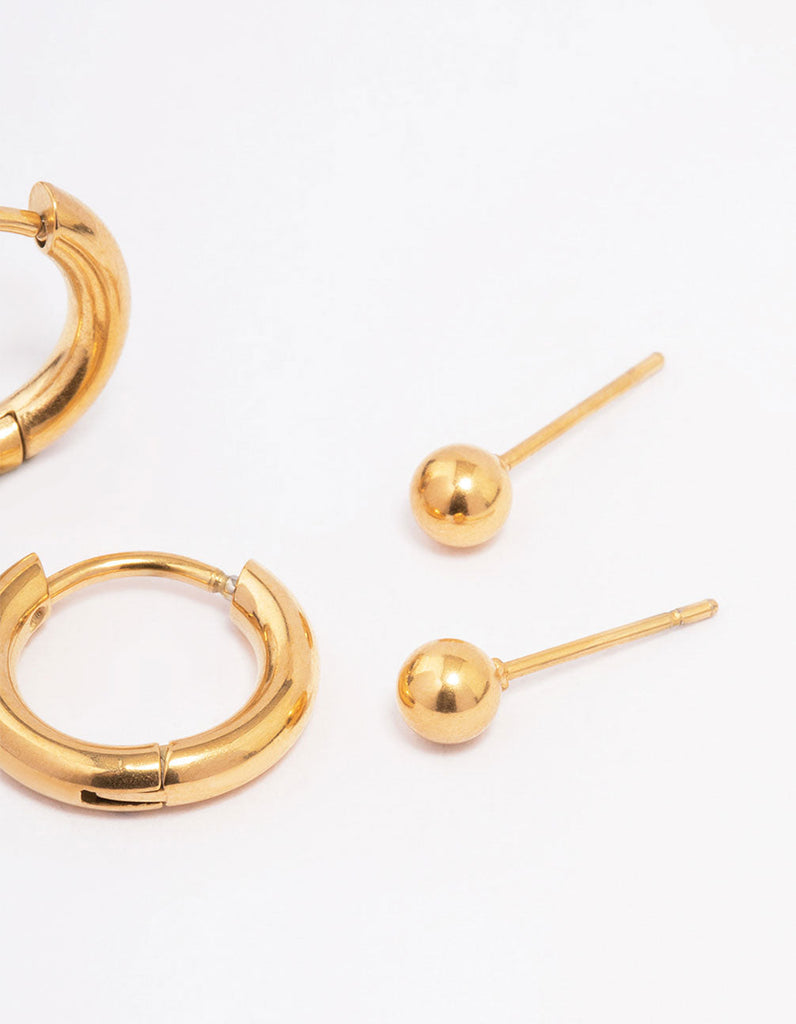 Gold Plated Surgical Steel Plain Stud & Huggie Earring Pack