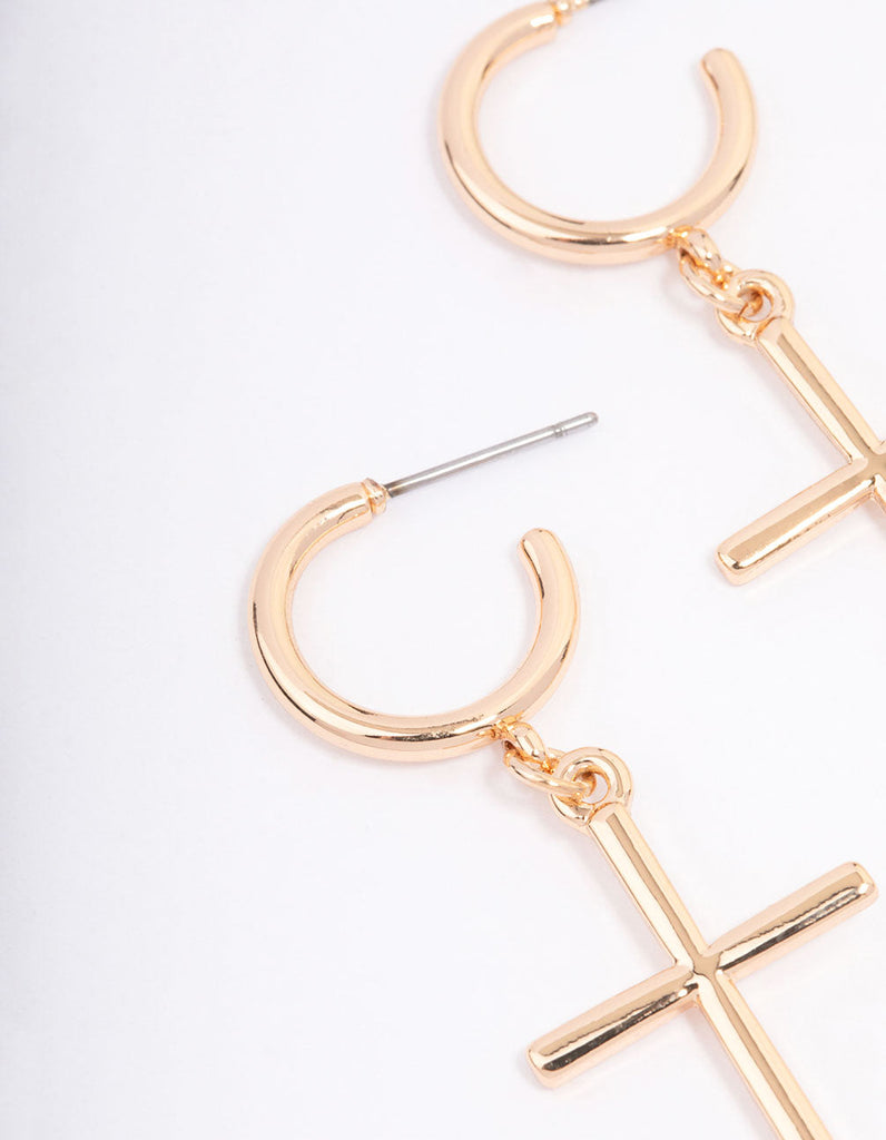 Gold Huggie Cross Pendant Earrings
