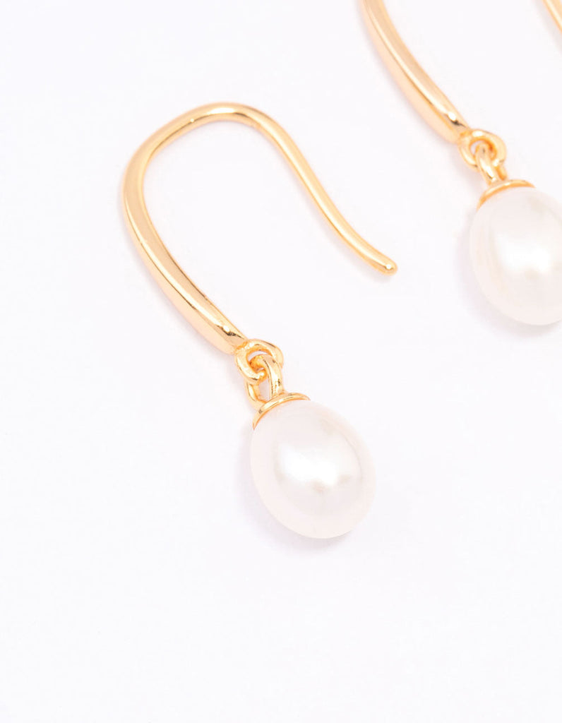 J48F Gold Plated Sterling Silver Freshwater Pearl Fish Hook Earrings