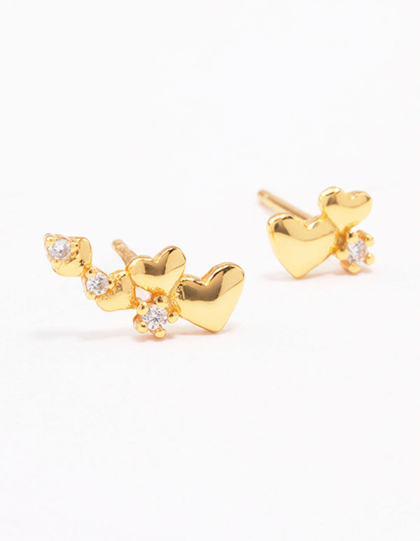 Gold Plated Sterling Silver Graduating Heart Crawler Stud Earrings