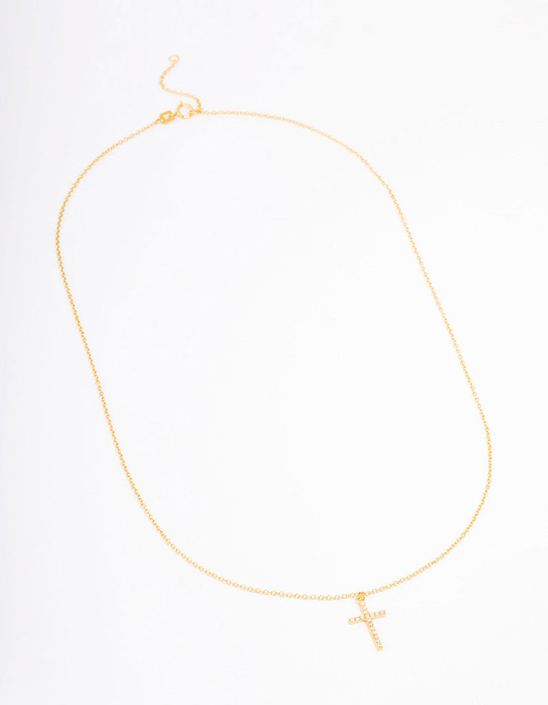 Gold Plated Sterling Silver Pave Cross Pendant Necklace
