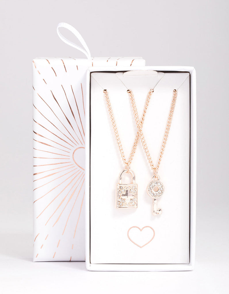 Rose Gold Diamante Lock & Key Necklace Pack