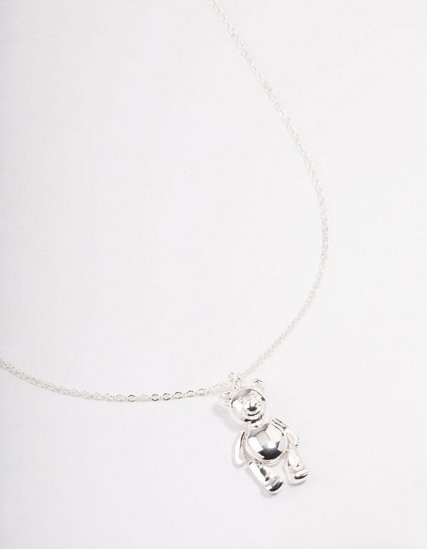 Silver Moving Teddy Bear Short Necklace