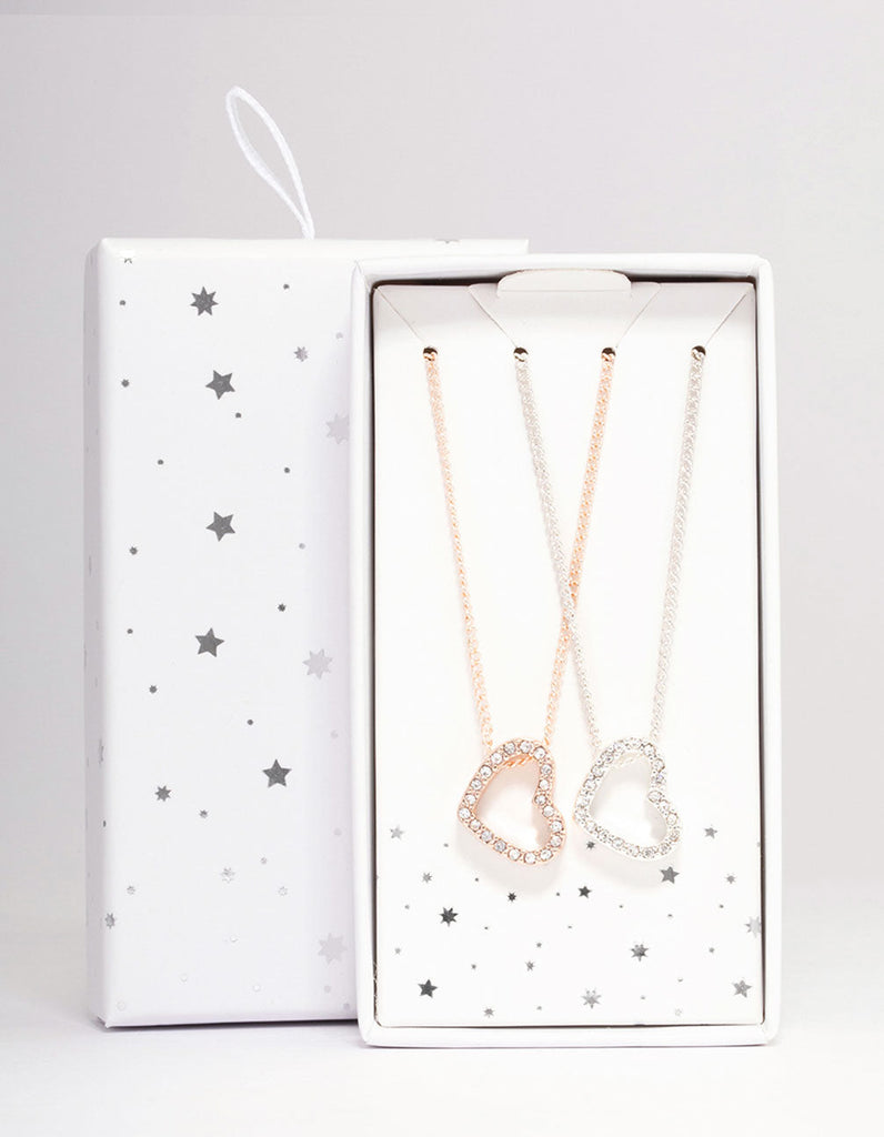 Mixed Metal Diamante Side Heart Necklace Pack