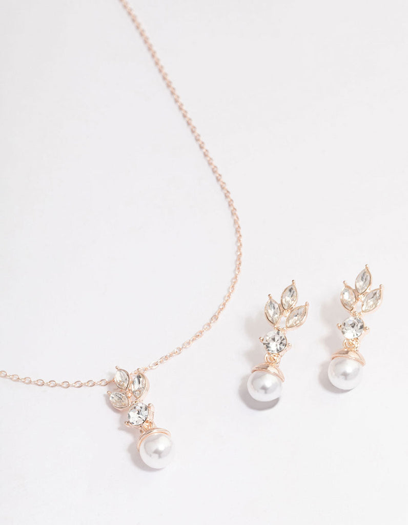 Rose Gold Leafy Diamante & Pearl Jewellery Set