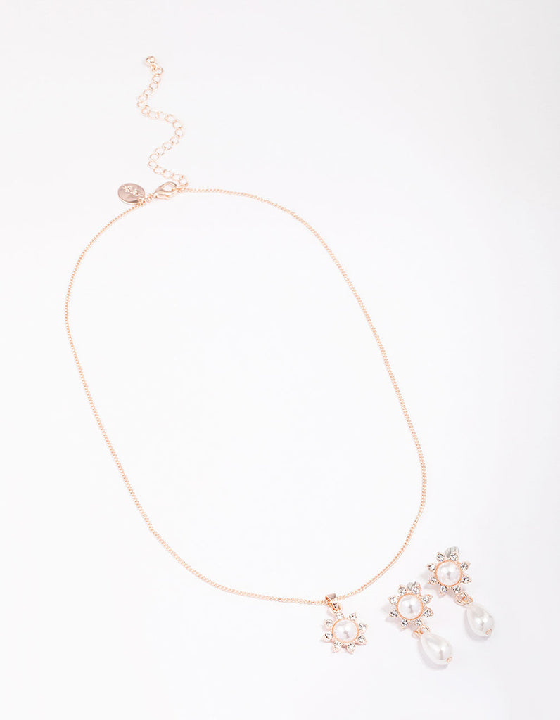 Rose Gold Pearl Flower Drop Jewellery Set