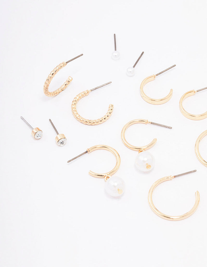 Gold Diamante Pearl Stud & Hoop Earring 8-Pack