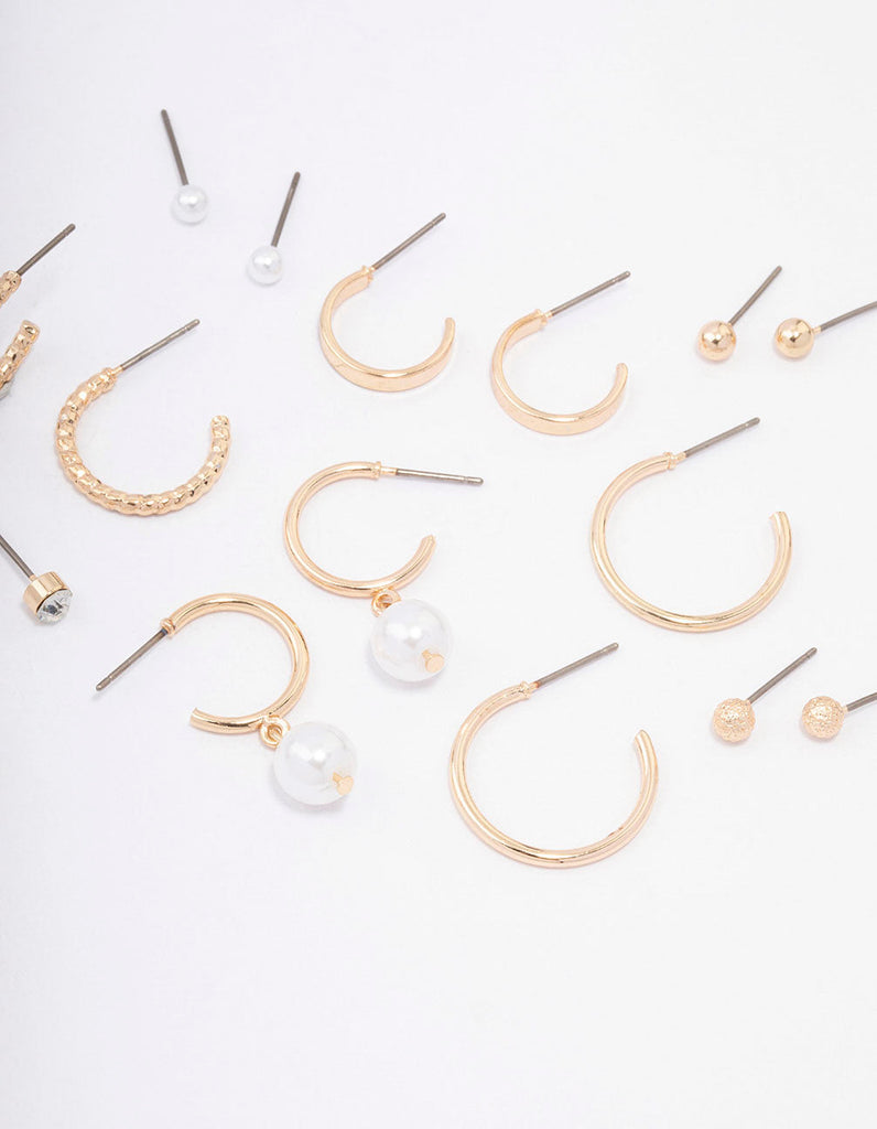 Gold Diamante Pearl Stud & Hoop Earring 8-Pack