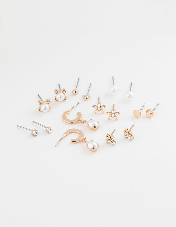 Gold Flower Pearl Earring 8-Pack