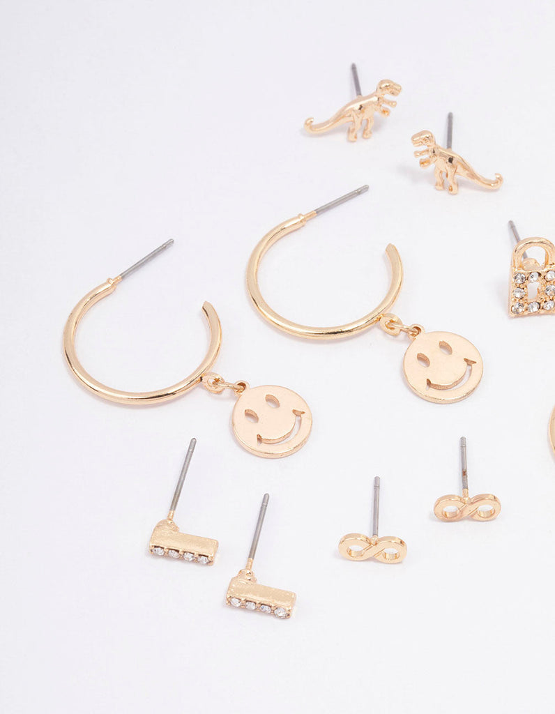 Gold Smiley Lock Diamante Earring 8-Pack