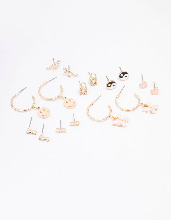 Gold Smiley Lock Diamante Earring 8-Pack