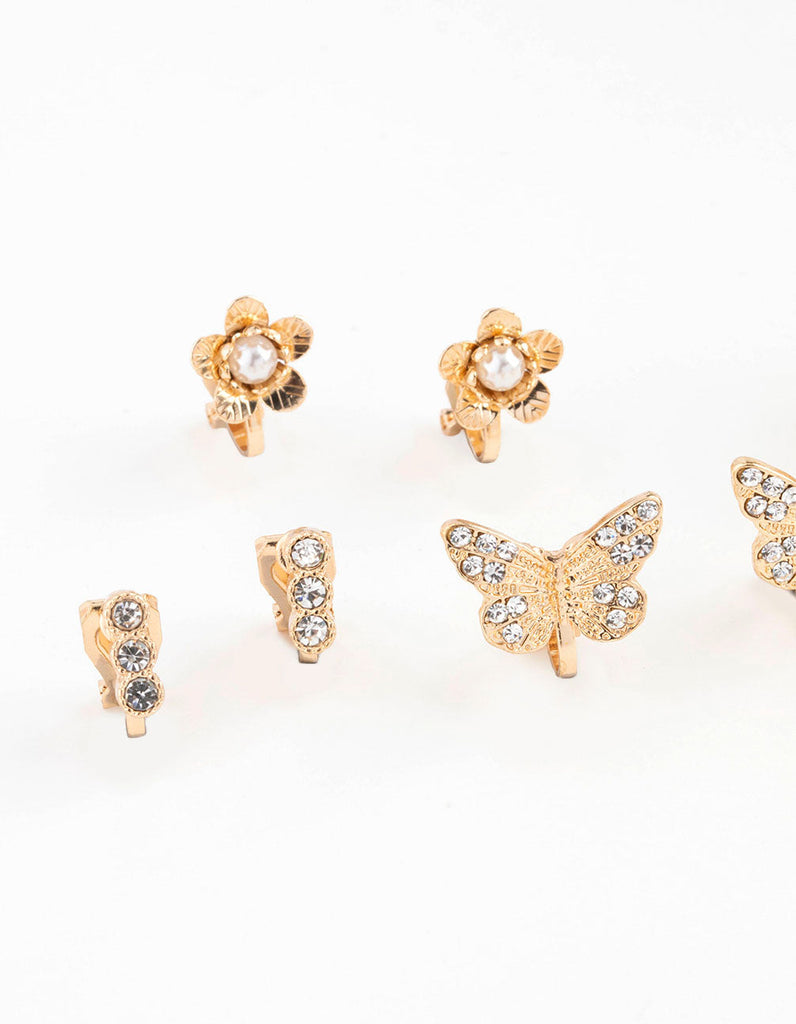 Gold Diamante Butterfly Diamante Clip On Earring 8-Pack
