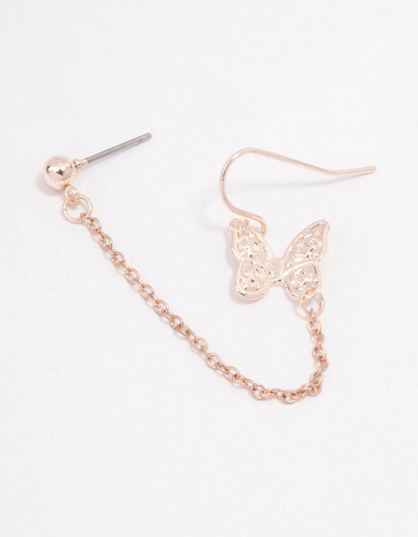 Rose Gold Butterfly Drop Chain Earrings