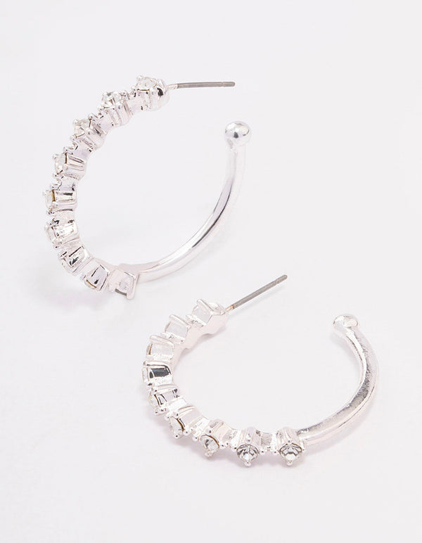 Silver Encased Round Diamante Hoop Earrings