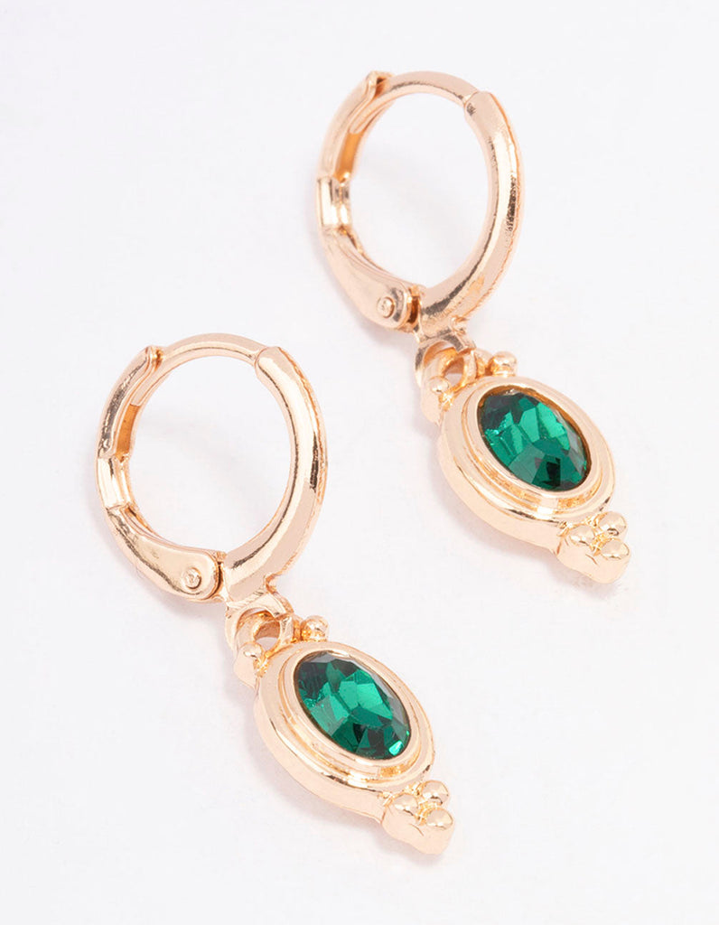 Green Oval Stone Drop Huggie Earrings
