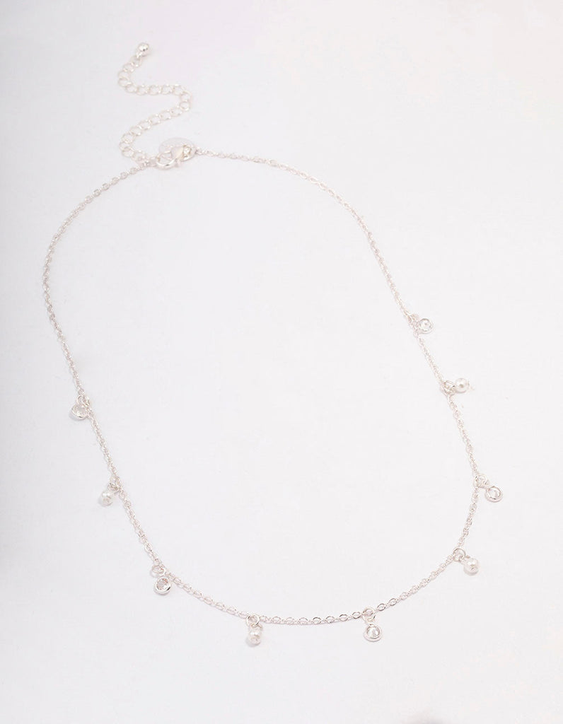 Silver Diamante & Pearl Drop Station Necklace