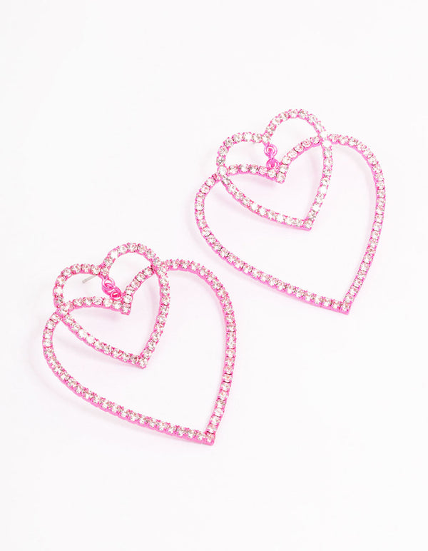 Pink Double Heart Drop Earrings