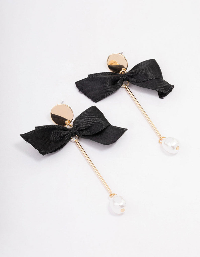 Gold Bow & Pearl Bar Drop Earrings