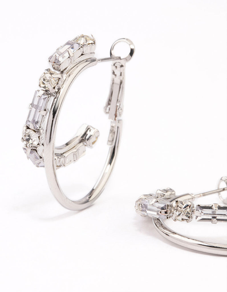 Rhodium Diamante Double Row Hoop Earrings