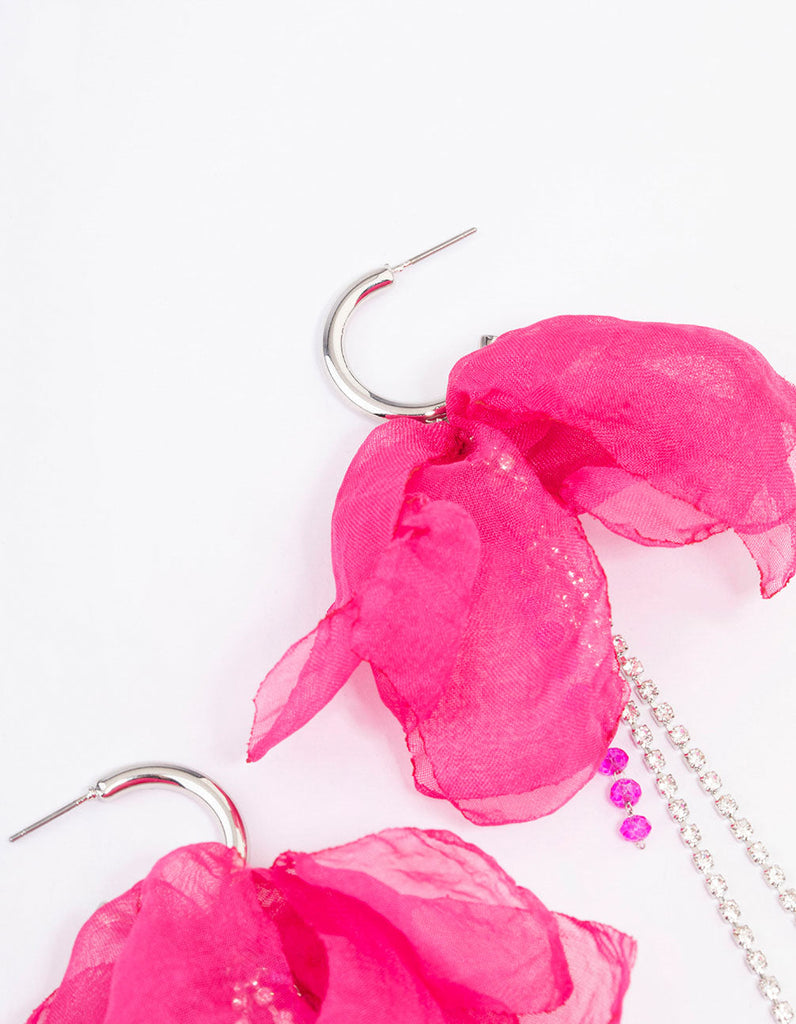 Rhodium & Pink Flower Cupchain Drop Earrings