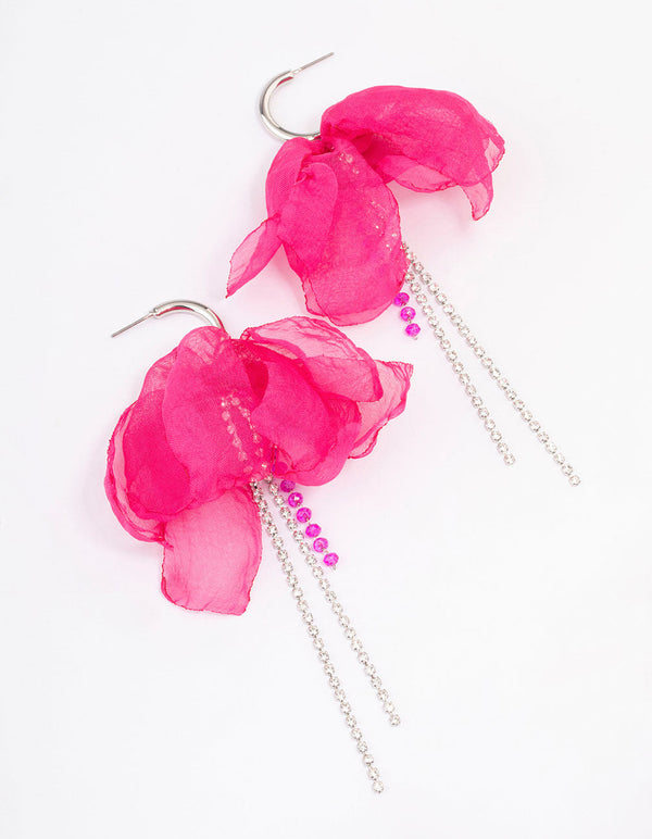 Rhodium & Pink Flower Cupchain Drop Earrings