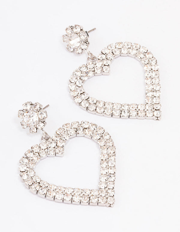 Rhodium Diamante Heart Drop Earrings