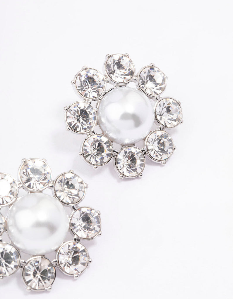 Silver Diamante & Pearl Flower Stud Earrings