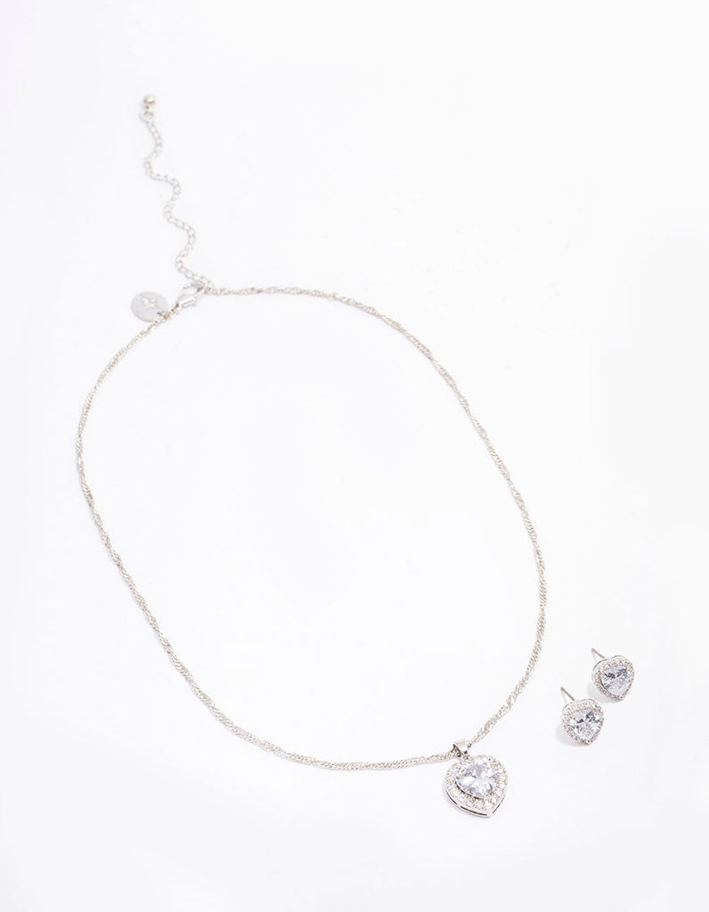 Rhodium Cubic Zirconia Halo Heart Jewellery Set
