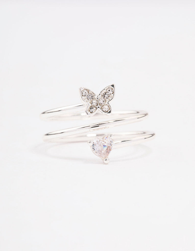 Silver Plated Heart Butterfly Wrapped Ring