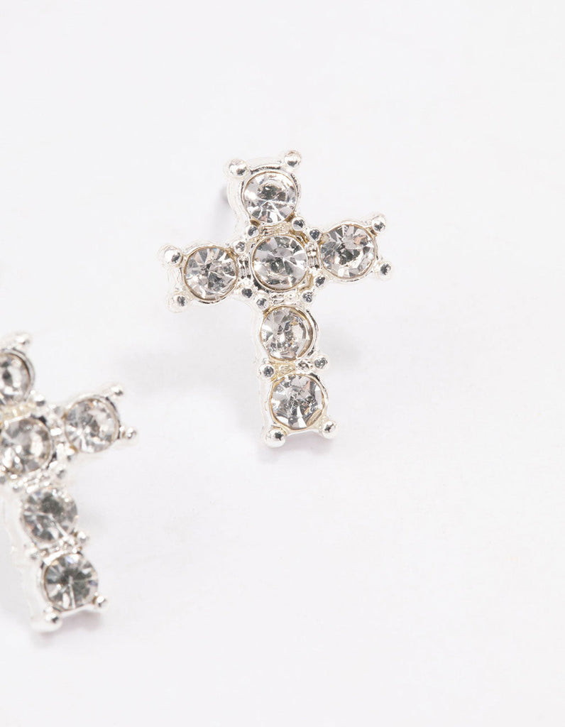 Silver Plated Diamante Cross Stud Earrings