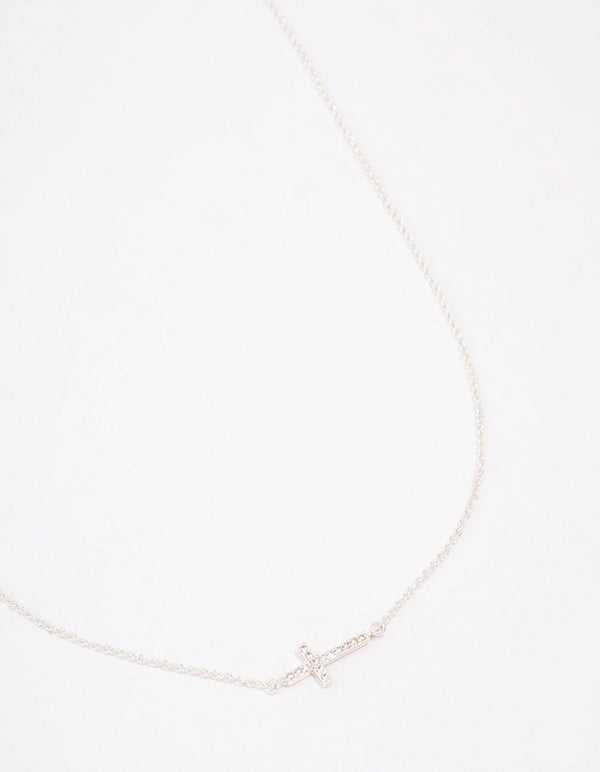 Silver Plated Diamante Cross Fine Pendant Necklace